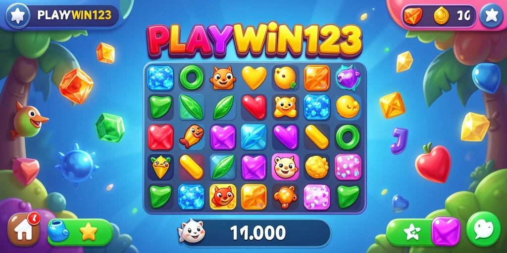 Screenshot utama PLAYWIN123 menampilkan permainan Match-3 yang penuh warna.
