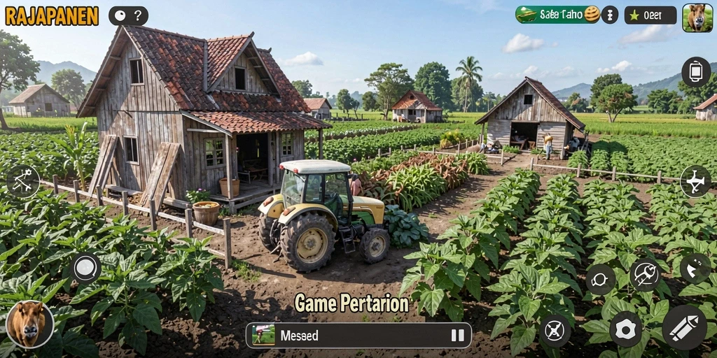 Screenshot gameplay RAJAPANEN menampilkan kebun yang subur dan karakter lucu.