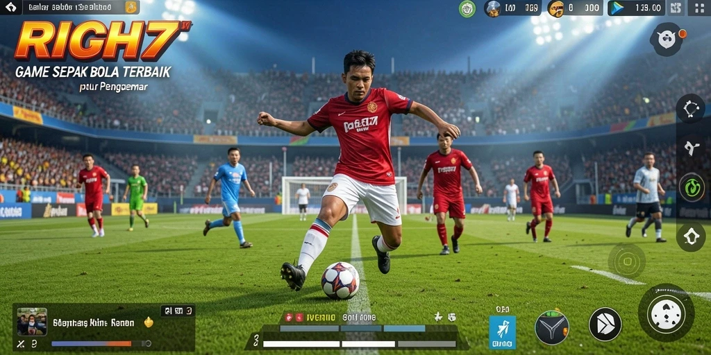 Tampilan gameplay menegangkan dalam RICH7 menunjukkan aksi sepak bola yang seru.