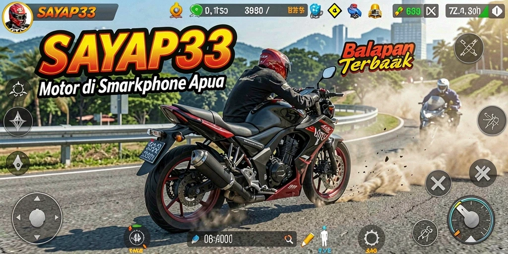 Tampilan gameplay SAYAP33 yang dinamis dan seru dalam balapan motor.