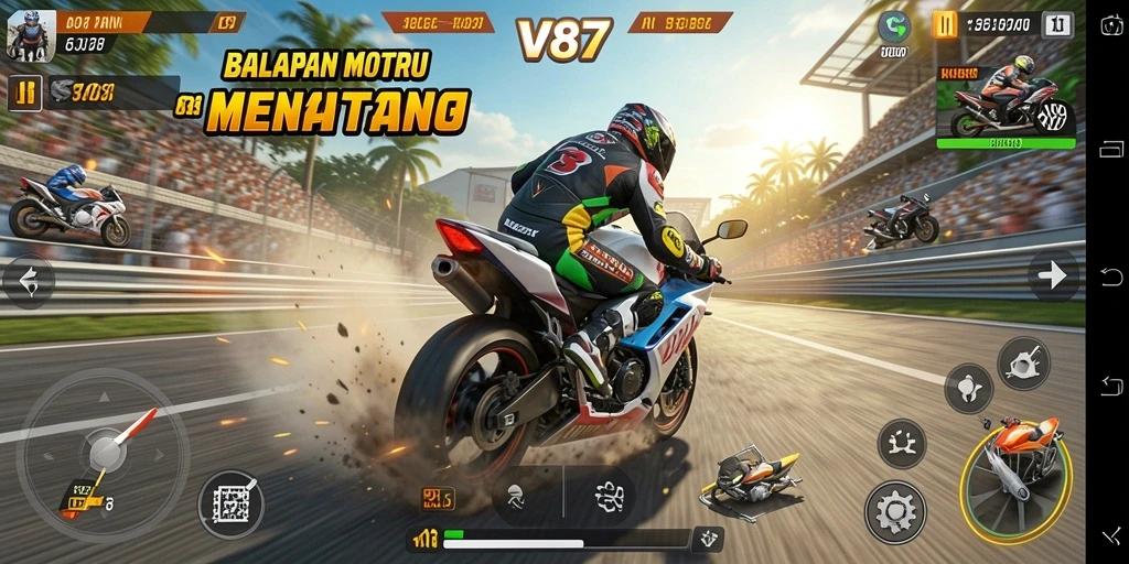 Gameplay V87 yang mendebarkan dengan balap motor yang menantang.